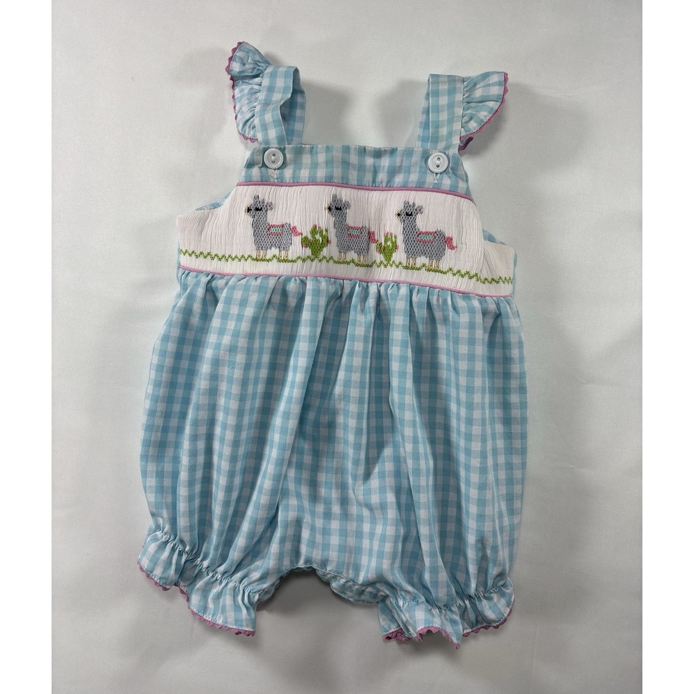 Silly Goose Hand Smocked Blue Gingham Sleeveless Romper 3M